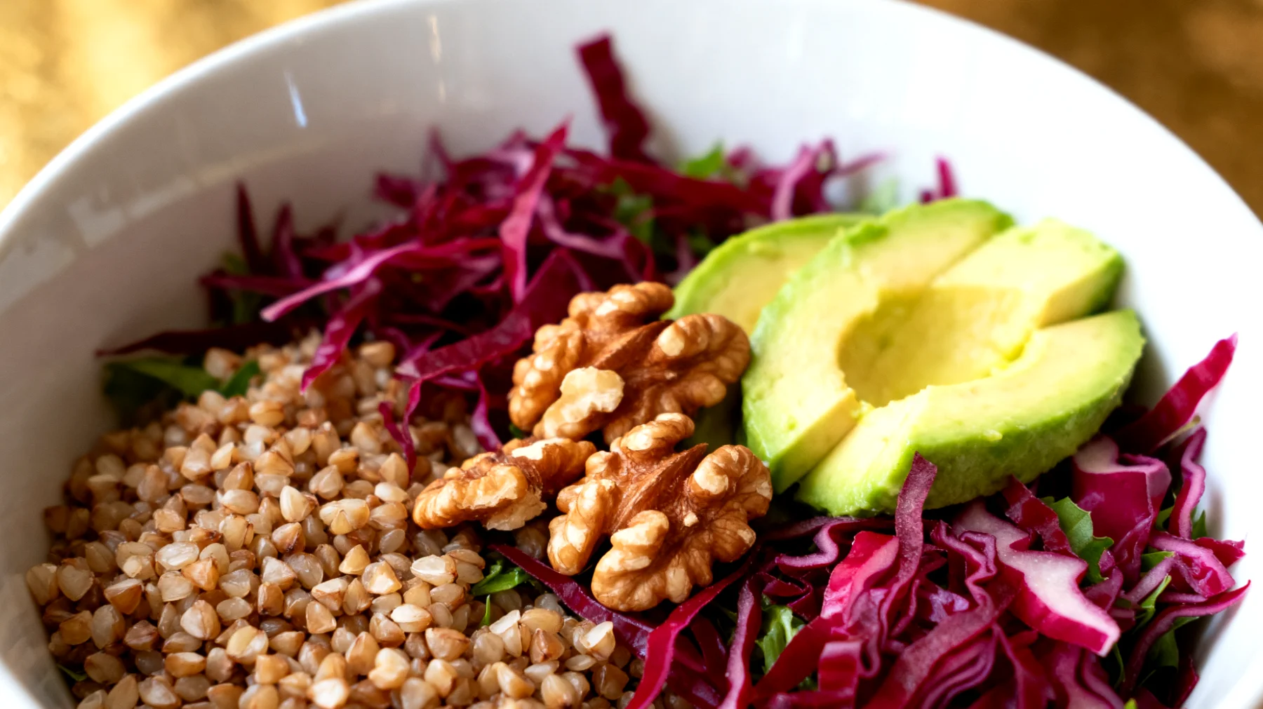 Buchweizen-Walnus-Salat mit Rotkohl und Avocado"
