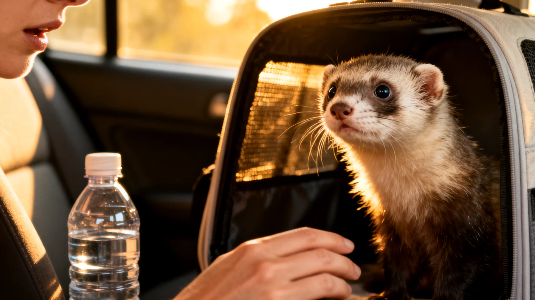 Frettchen neigen während Reisen zu starkem Stress, Reisekrankheit und Dehydrierung, besonders bei längeren Autofahrten oder Transporten, und benötigen spezielle tierärztliche Vorbereitung und Beruhigungsstrategien"