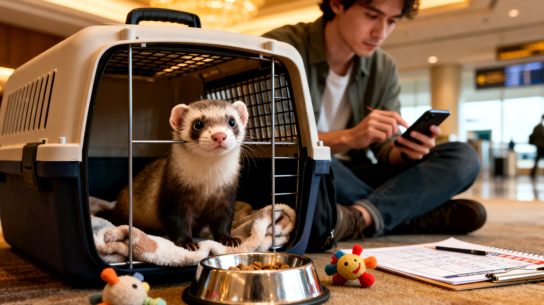 Frettchen benötigen während der Reise eine spezielle tägliche Routine mit regelmäßigen Fütterungs-, Auslauf- und Ruhezeiten, um Stress zu minimieren und ihr Wohlbefinden in der ungewohnten Umgebung zu gewährleisten"