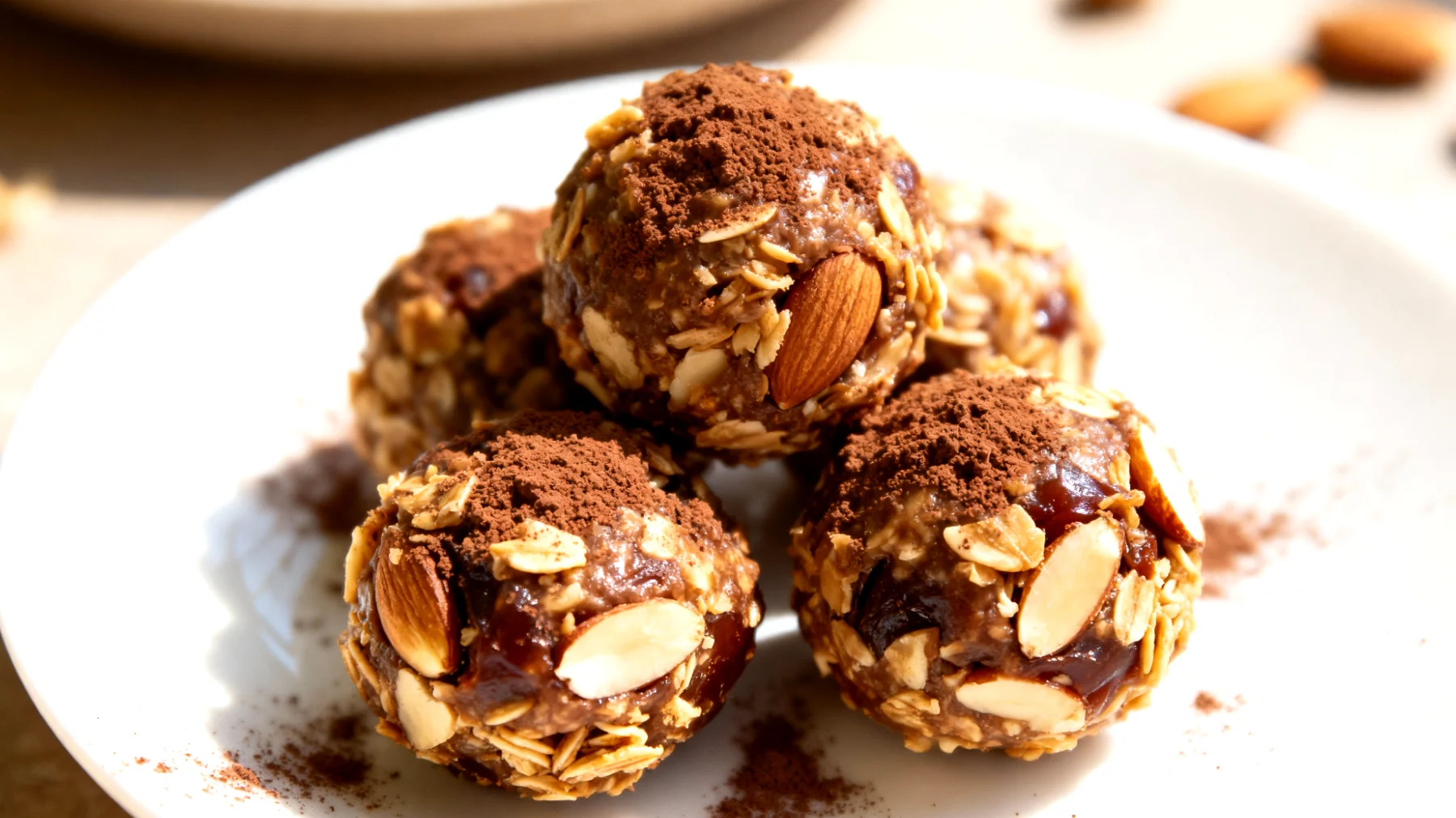 Hafer-Dattel-Bällchen mit Mandeln und Kakao"
