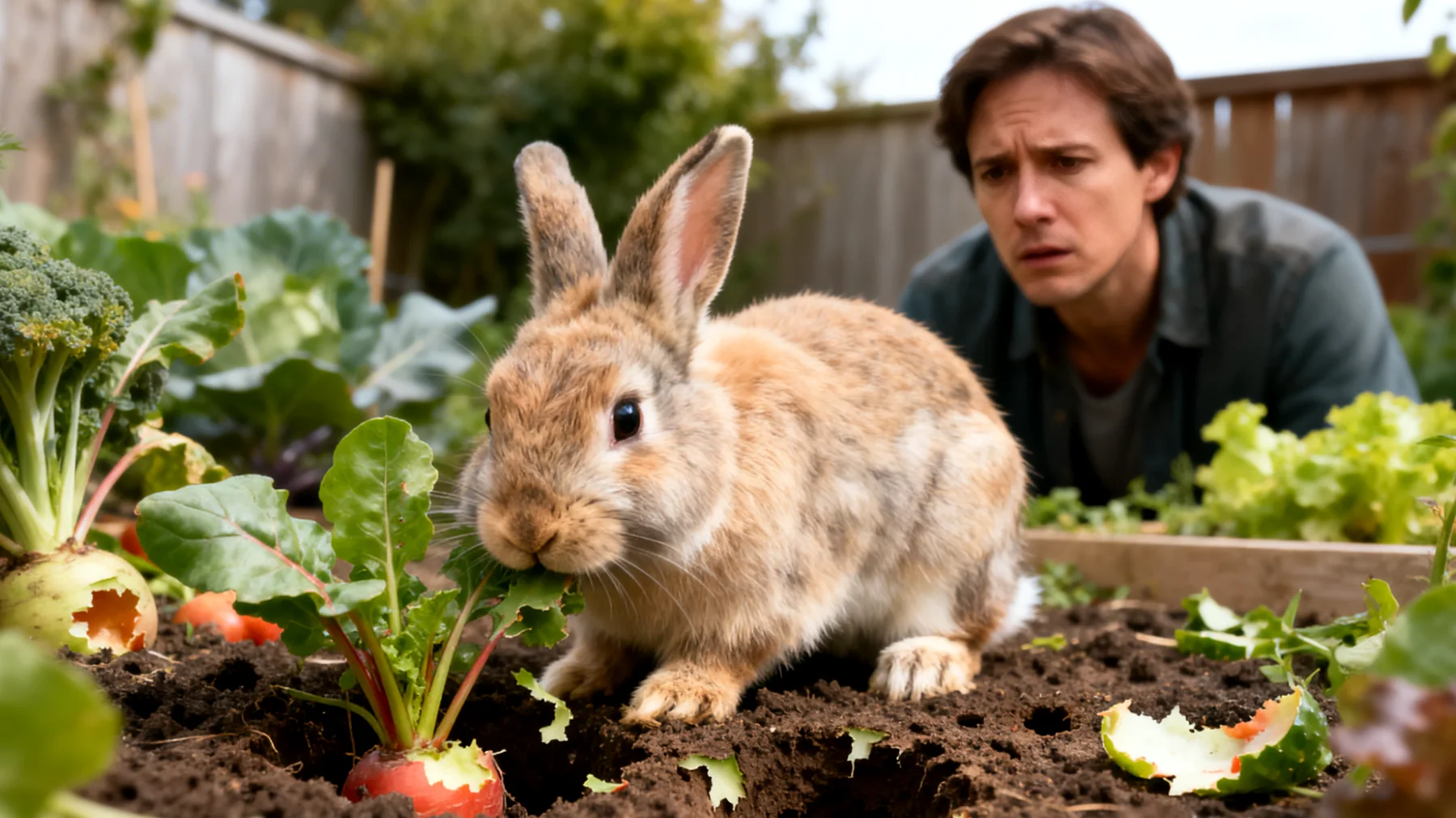 Kaninchen im Garten zeigen oft unerwünschtes Verhalten wie das Anknabbern von Gartenpflanzen, Graben von Löchern oder Ignorieren von Rückrufkommandos, was Training und Verhaltensübungen im Freilauf erschwert"
