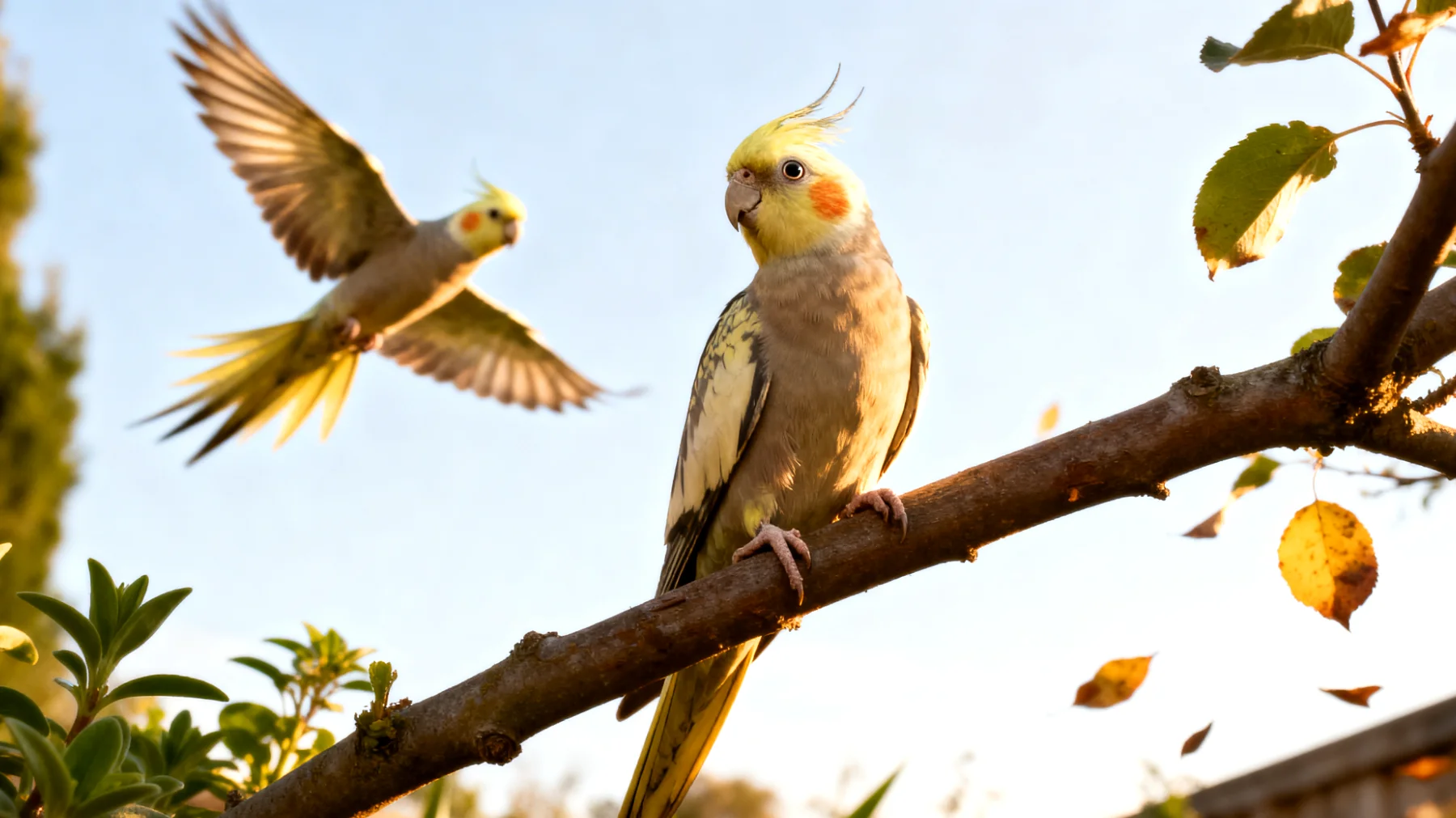 Nymphensittiche benötigen ausreichend Flugmöglichkeiten und können im Garten Gefahren wie Raubvögeln, giftigen Pflanzen oder Entkommen ausgesetzt sein, während sie gleichzeitig von Freiflug und natürlicher Umgebung profitieren würden"