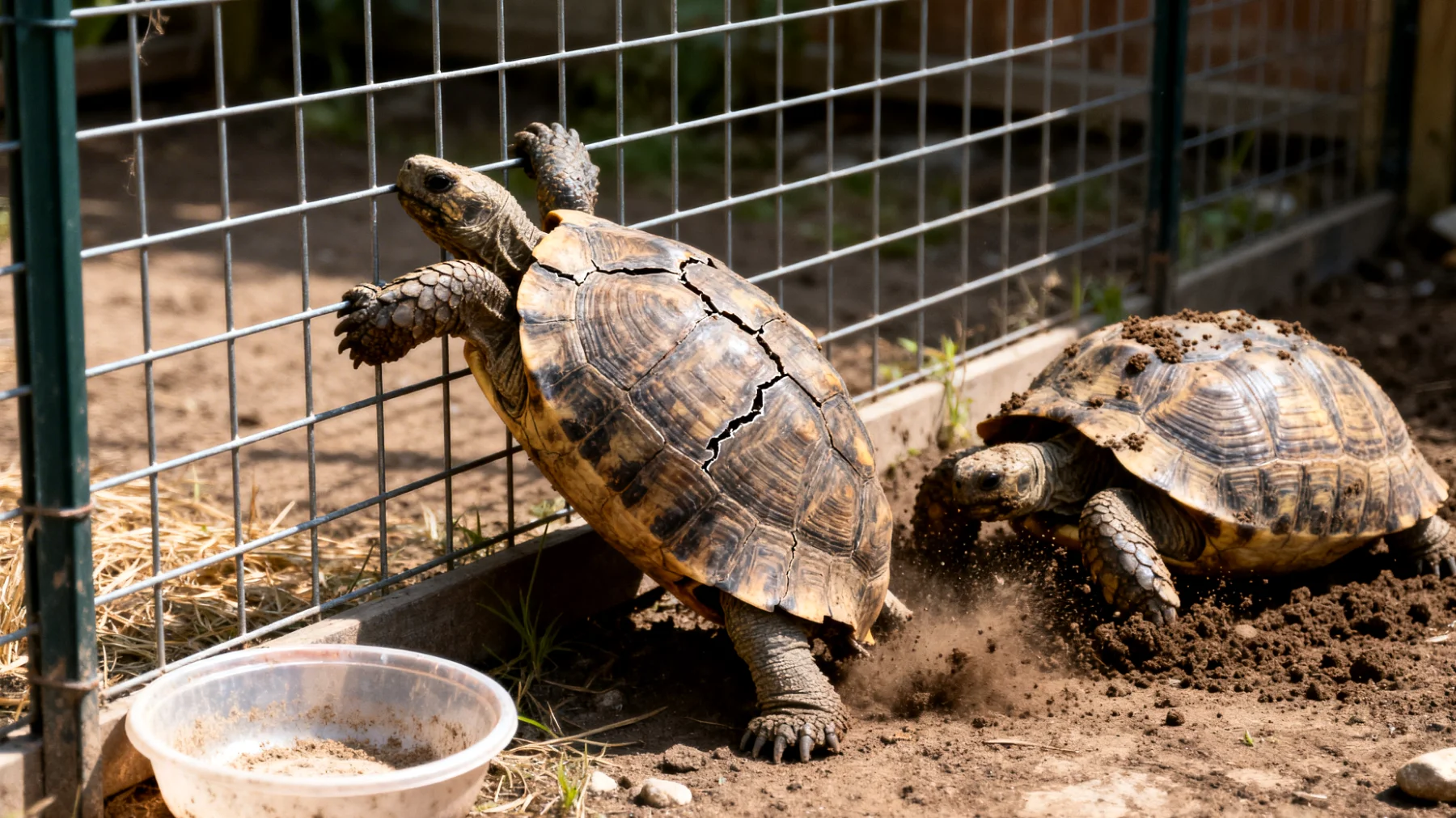 Schildkröten im Garten können bei Stress Verhaltensauffälligkeiten wie übermäßiges Graben, Fluchtversuche oder Verweigerung der Nahrungsaufnahme zeigen, oft ausgelöst durch ungeeignete Gehegebedingungen, Raubtierbedrohungen oder fehlende Rückzugsmöglichkeiten"