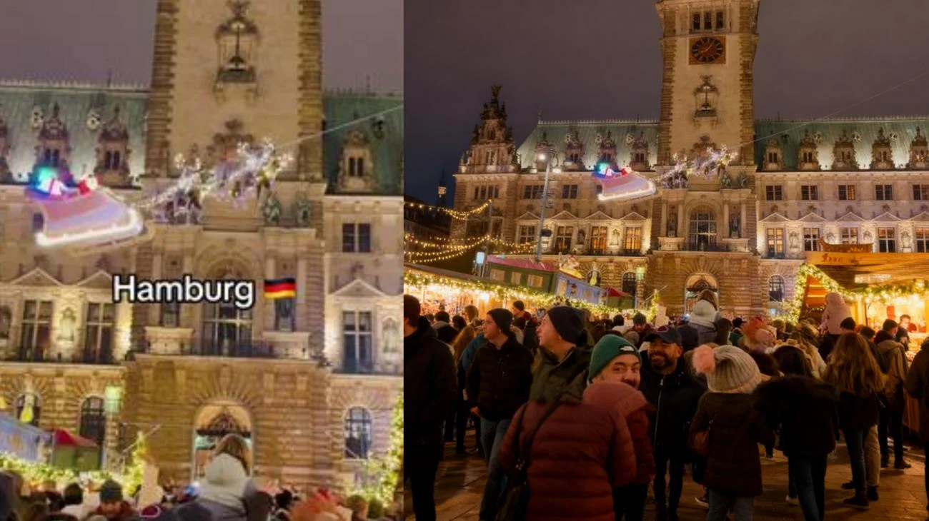 Santa Flying Over the Crowd in Hamburg Christmas #hamburg #rathaus #santaclaus #christmasevent #travelwalkstv"